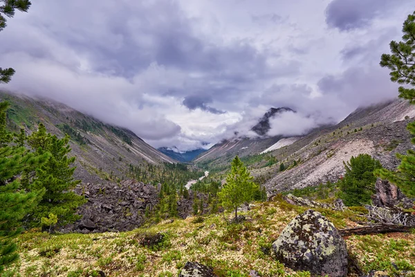 Nuvole basse sopra una valle di montagna — Foto Stock