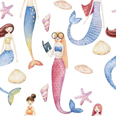 Denizkızlarıyla suluboya desenleri.