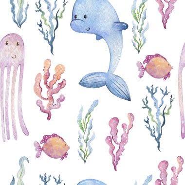 Deniz hayvanlarıyla suluboya kusursuz desen.