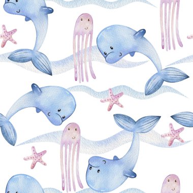 Deniz hayvanlarıyla suluboya kusursuz desen.