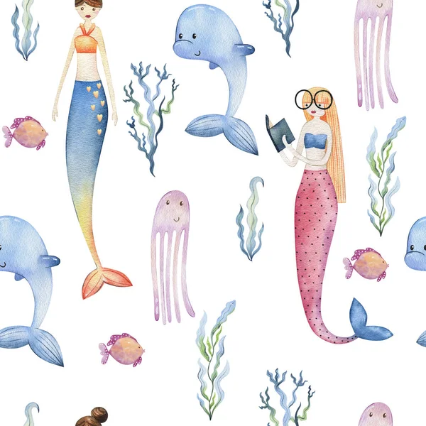 Watercolor seamless pattern with mermaids. — Stock Photo, Image