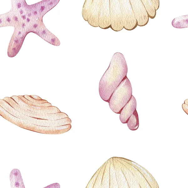 Aquarel naadloos patroon met schelpen. — Stockfoto
