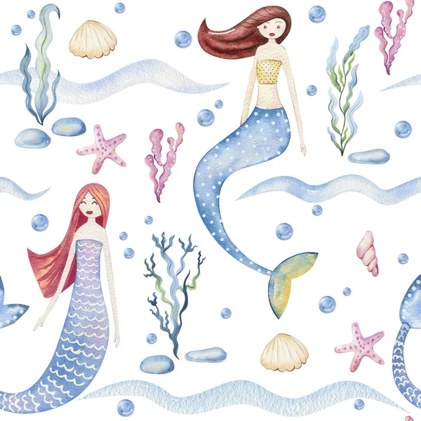 Watercolor seamless pattern with mermaids. — Stock Photo, Image