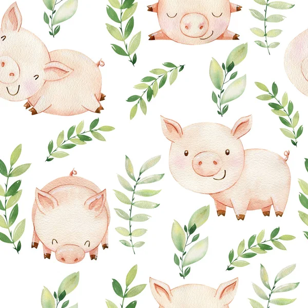 Watercolor seamless pattern with pigs. — Stock Photo, Image