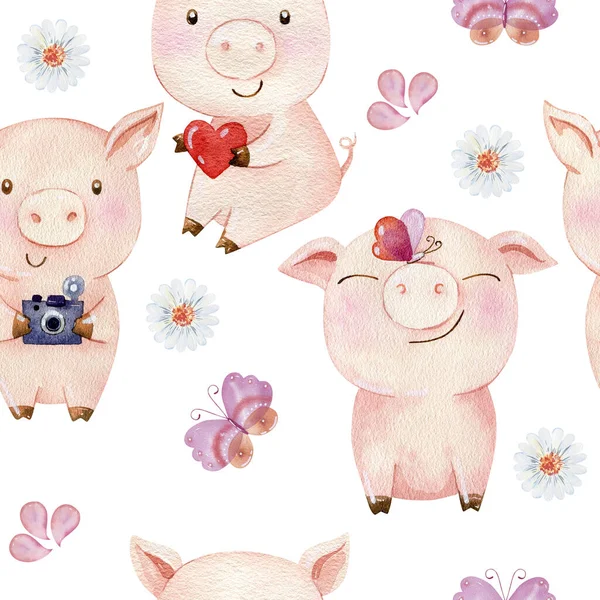 Watercolor seamless pattern with pigs.