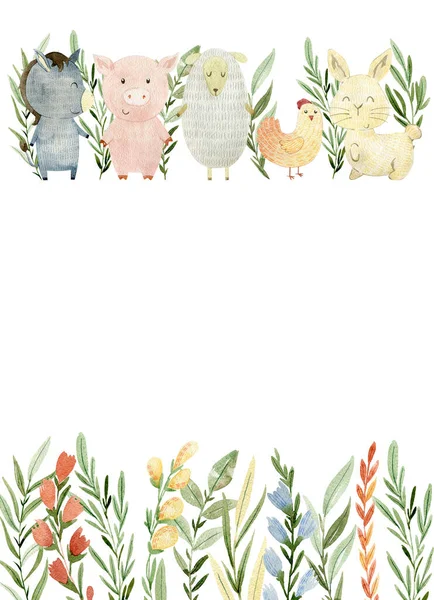 Akvarelová karta s chovnými zvířaty. — Stock fotografie