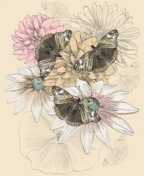 Mariposa y flores — Vector de stock