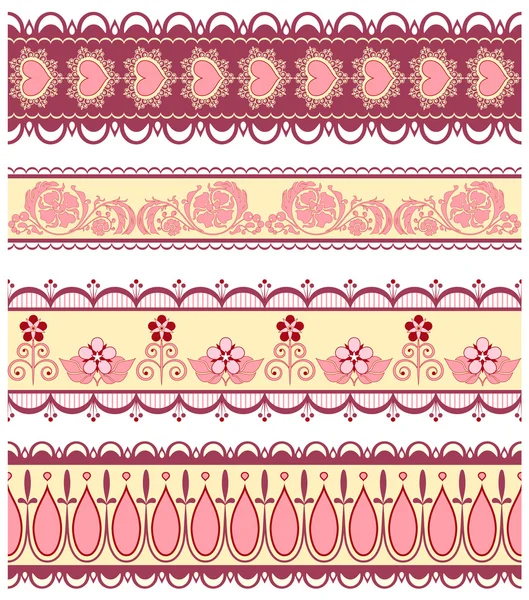 Set of ribbons with hearts and flowers in pink colour — Stock Vector