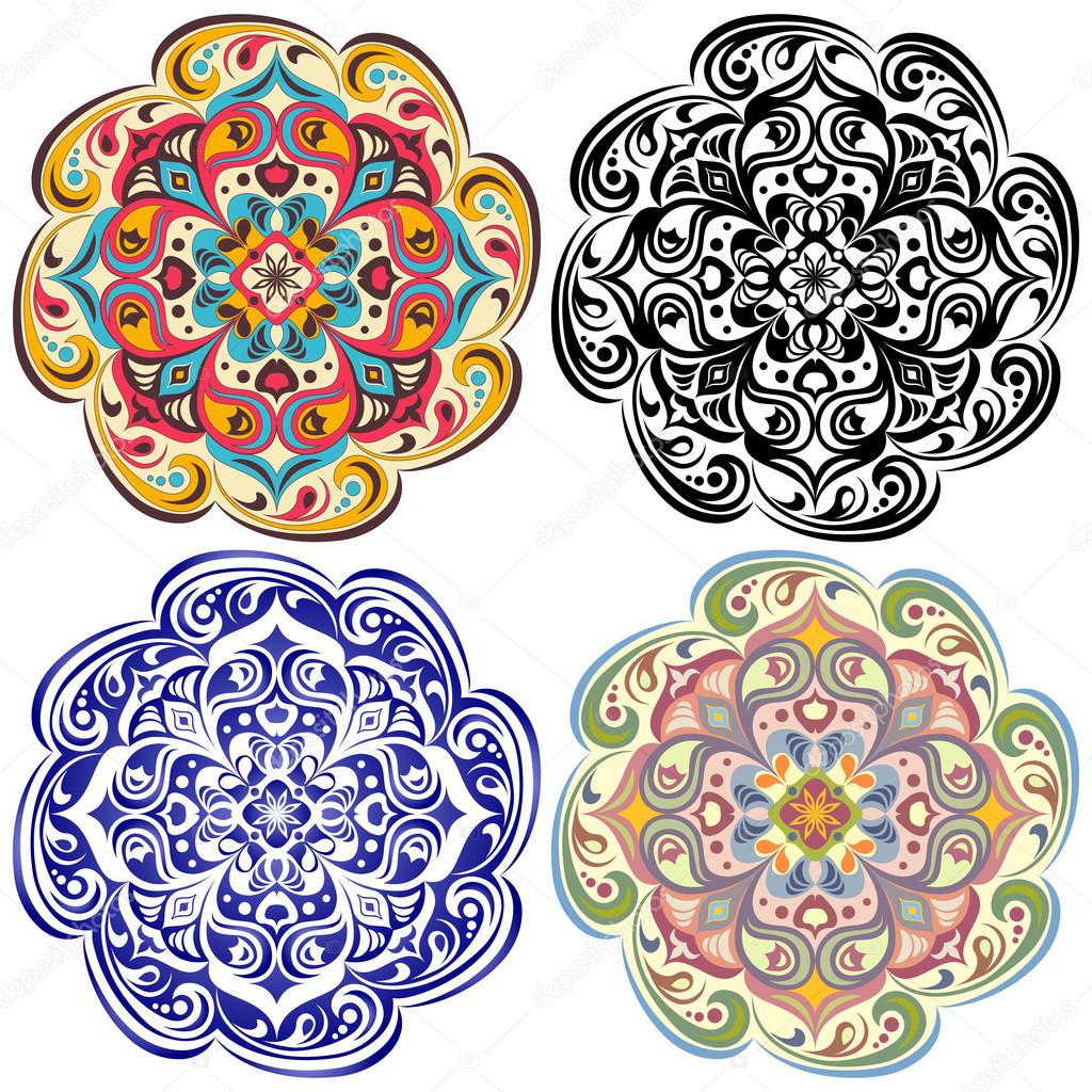 Set of  floral tattoo. Mandala in vintage, blue, oriental color