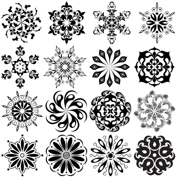 Uppsättning av runda mönster tatuering. 16 mandalas i svart — Stock vektor