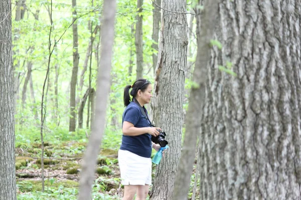 Woman in Woods with Camera — Stock Photo, Image