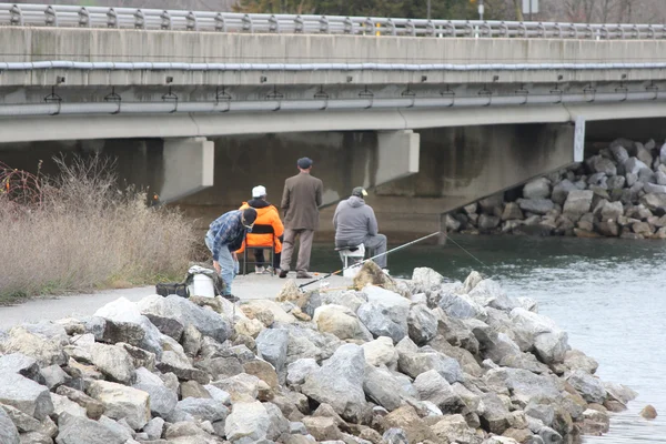 : Uomini Pesca in torrente accanto al ponte — Foto Stock