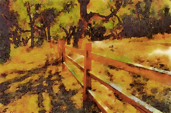 Όμορφη πρωτότυπη ζωγραφική, φράχτη και δέντρα — Φωτογραφία Αρχείου