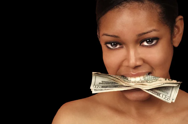 Greedy Woman on Black — Stock Photo, Image