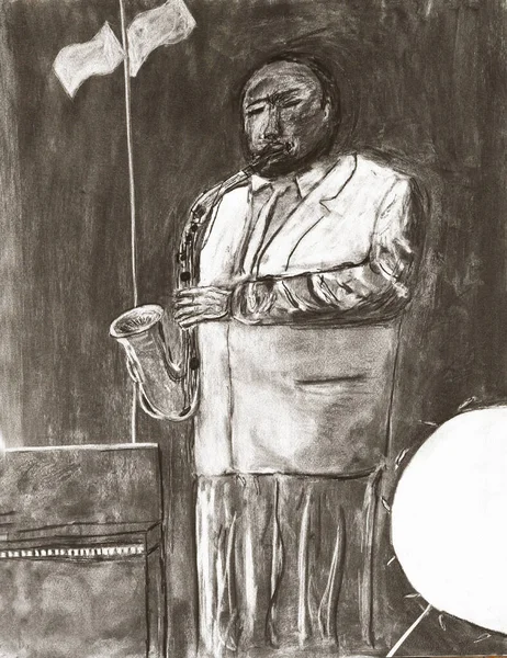 用铅笔和笔写在纸上的爵士萨克斯演奏家的非常棒的渲染 — 图库照片