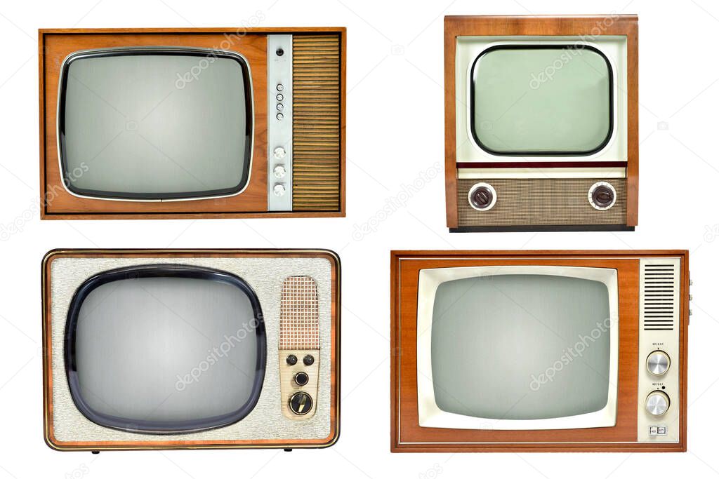 Vintage TV set collection isolated on white background, analog television technology 
