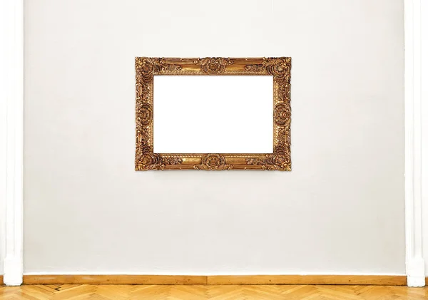 Golden Empty Painting Frame Hanging Exhibition Wall Front View Museum — Stock Photo, Image