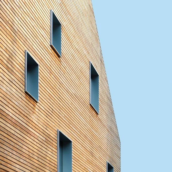 Wooden Wall Modern Building Windows Blue Sky — Stock Photo, Image