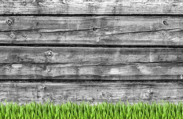 Pared de madera y fondo de hierba verde —  Fotos de Stock