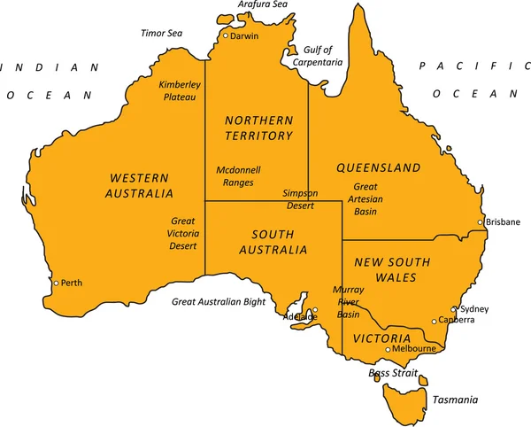 Avustralya siyah ve turuncu anahat harita illüstrasyon vektör — Stok Vektör