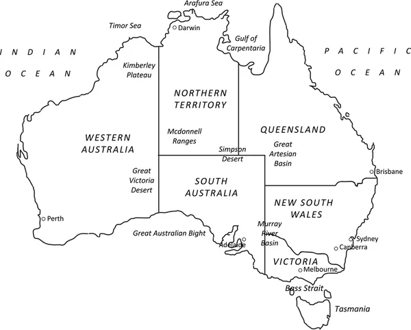 Australien svart kontur karta vektor Illustration med städer & St — Stock vektor