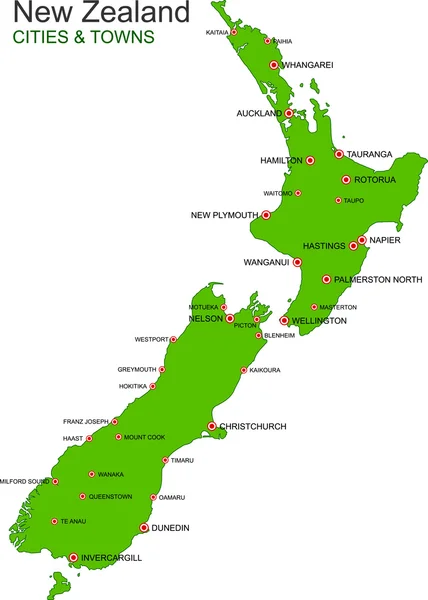 Mapa de vectores verdes de Nueva Zelanda - Ciudades y pueblos principales — Vector de stock