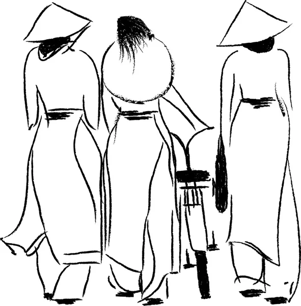 Ao Dai Vietnamca kadınlarda illüstrasyon vektör