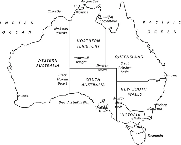 Illustration vectorielle de carte de contour noir d'Australie avec des villes et St — Image vectorielle