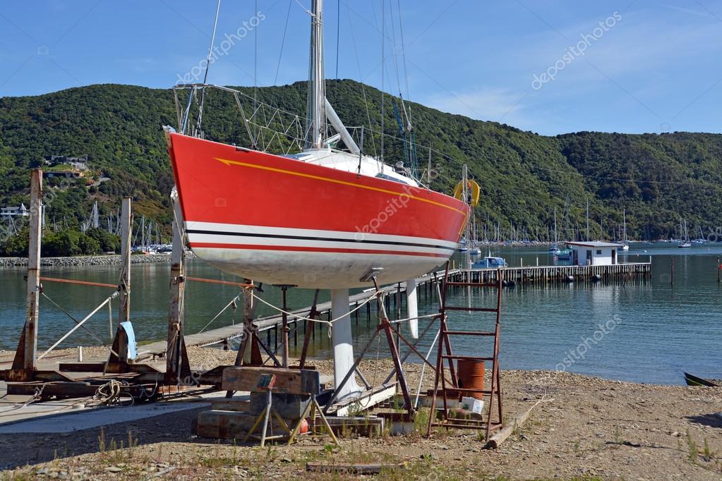 Shipyard & Yacht Being Maintained at Waikawa, New Zealand Stock Photo