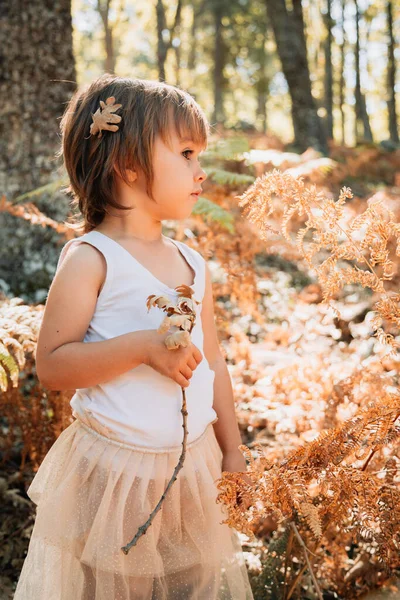 Pequena menina branca de pé na floresta entre samambaias — Fotografia de Stock