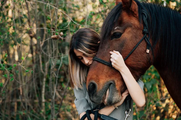 Belle Jeune Femme Étreignant Cheval Brun Portant Une Robe — Photo