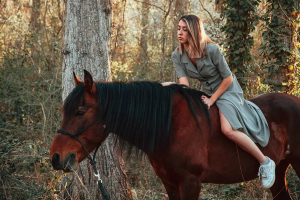 Mulher Bonita Montando Seu Cavalo Marrom Vestindo Vestido — Fotografia de Stock