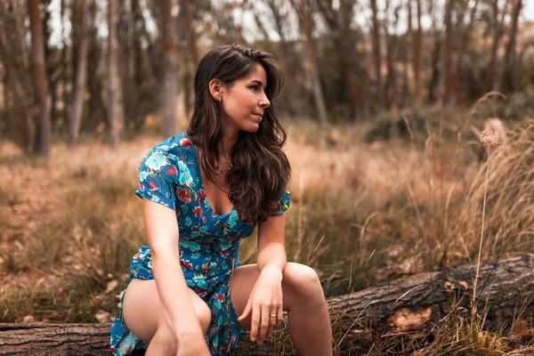 Außenporträt Einer Schönen Brünetten Frau Einem Kleid Die Einem Baumstamm — Stockfoto