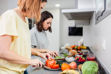 Mutfak tezgahında sağlıklı yemek hazırlayan iki kadın, beslenme ve beslenme konsepti