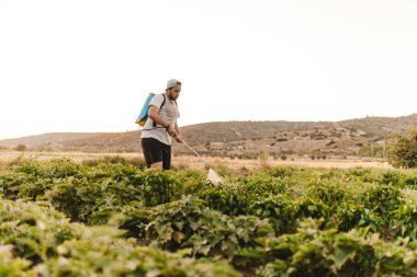 Ürünlere sebze fışkırtan bir adam.