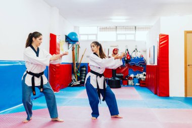İki genç kadın bir eğitim merkezinde tekvando çalışıyor.