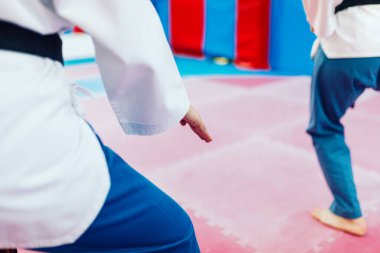 İki genç kadın bir eğitim merkezinde tekvando çalışıyor.