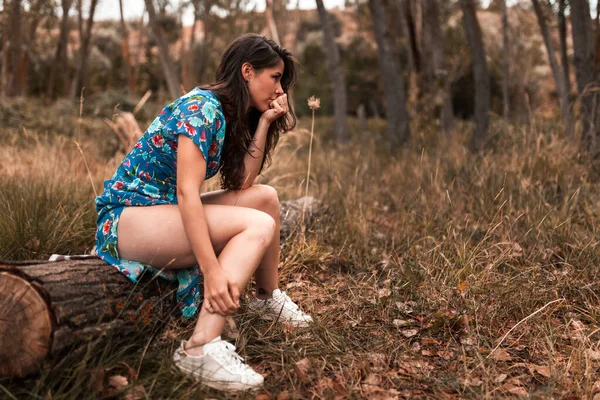 Retrato ao ar livre de uma bela mulher morena usando um vestido sentado em um log na floresta — Fotografia de Stock