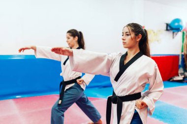 İki genç kadın bir eğitim merkezinde tekvando çalışıyor.