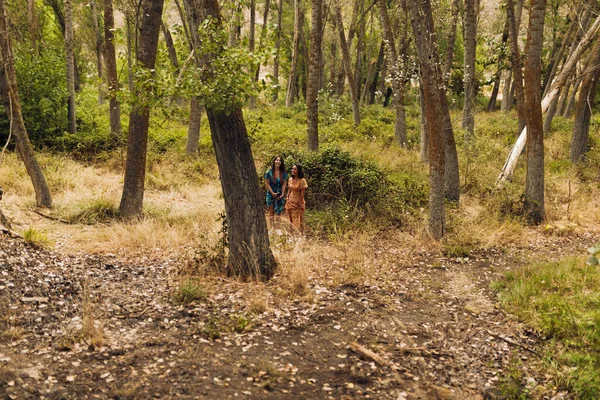 Due giovani lesbiche che camminano nel bosco indossando abiti lunghi — Foto Stock