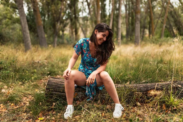 Outdoor portret van een mooie brunette vrouw dragen van een jurk zitten in een log in het bos — Stockfoto