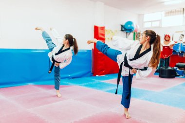 İki genç kadın bir eğitim merkezinde tekvando çalışıyor.