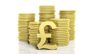 Altın sikke ve beyaz arka plan üzerinde izole bir Pound sembol yığınları.