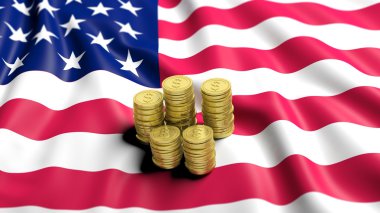 Dalgalı bayrağı ABD Doları Altın Sikke yığını