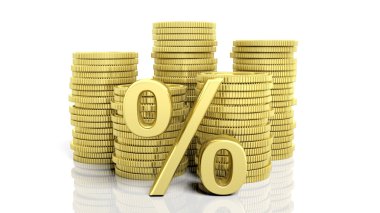 Altın sikke ve beyaz arka plan üzerinde izole yüzde sembolü yığınları.