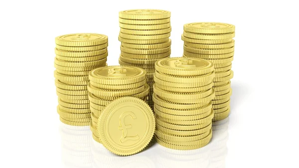 Stapel goldener Münzen mit Pfund-Symbol, isoliert auf weißem Hintergrund. — Stockfoto