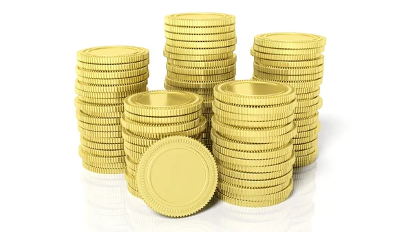Pilhas de moedas de ouro em branco, isoladas sobre fundo branco . — Fotografia de Stock