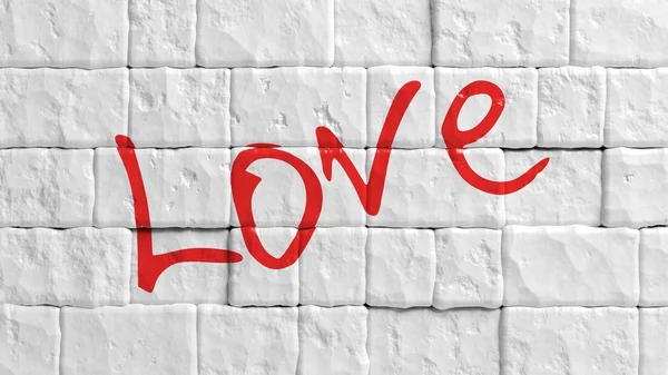 Parede de tijolo pintada de branco com graffiti palavra amor vermelho — Fotografia de Stock