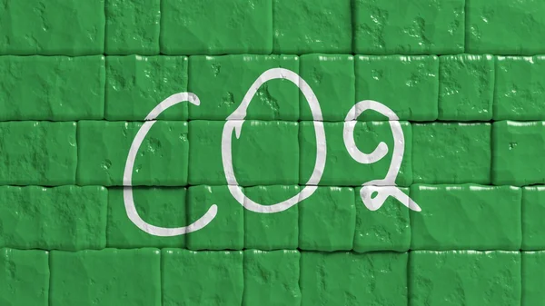 Parede de tijolo pintada de verde com grafite de texto CO2 — Fotografia de Stock