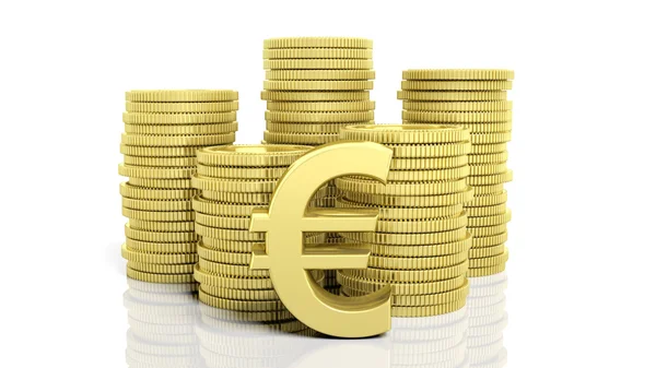 Stapel goldener Münzen und ein Euro-Symbol, isoliert auf weißem Hintergrund. — Stockfoto